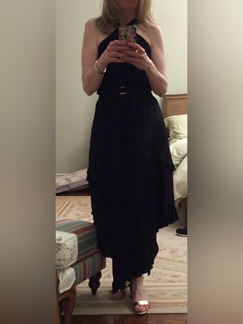 Navy blue Ruffle-Trim Maxi Dress with Belt with  gold detail